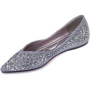 Women's Blue Rhinestones Flats Pointed Toe Ballet Dress Shoes Comfort
